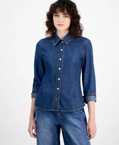 And Now This Women's Denim Pleat Frontlong-sleeve Shirt In Medium Wash