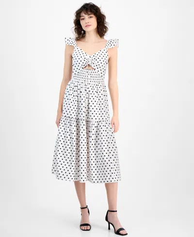And Now This Women's Dot-print Cutout Smocked Midi Dress, Exclusively At Macy's In White,black Dot