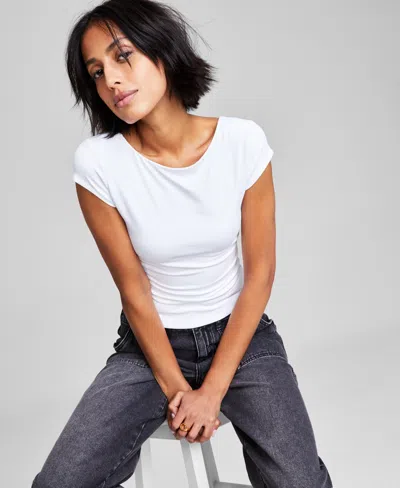 And Now This Women's Double-layered Boatneck Scoop-back Cap-sleeve Top In White