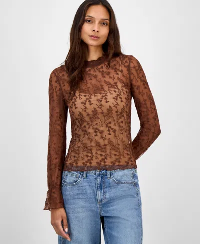 And Now This Women's Embroidered Mesh Mock Neck Top, Macy's Exclusive In Brown