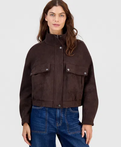 And Now This Women's Faux Suede Stand-collar Bomber Jacket, Macy's Exclusive In Brown
