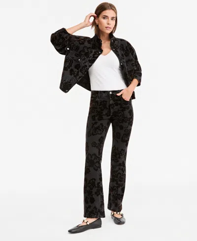 And Now This Women's Flocked Floral-print Flared-leg Denim Pants, Macy's Exclusive In Black