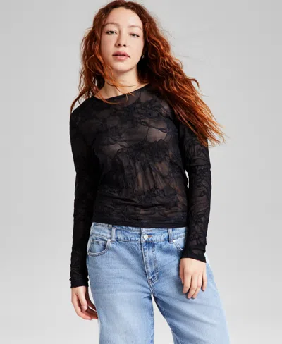 And Now This Women's Floral Crewneck Long-sleeve Mesh Top, Exclusively At Macy's In Black