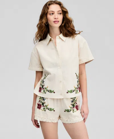 And Now This Women's Floral Embroidered Camp Shirt, Macy's Exclusive In Neutral