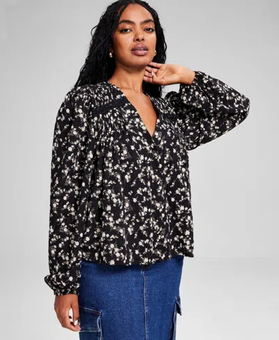 And Now This Women's Floral Lace-trim Button-front Top, Created For Macy's In Black Floral