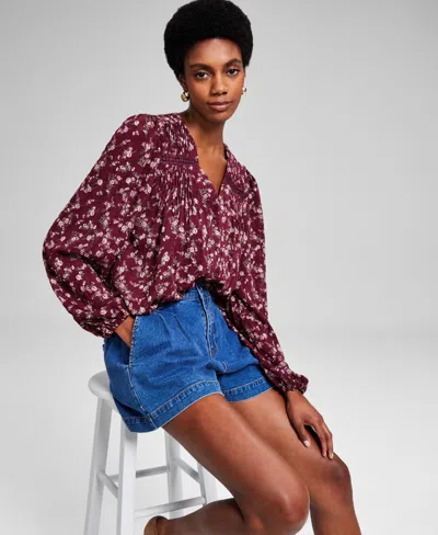 And Now This Women's Floral Lace-trim Button-front Top, Created For Macy's In Merlot Floral