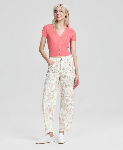 And Now This Women's Floral-print Barrel-leg Jeans, Macy's Exclusive In Pink