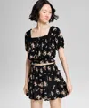 And Now This Women's Floral Print Button-front Blouse, Exclusively At Macy's In Black,peach Floral