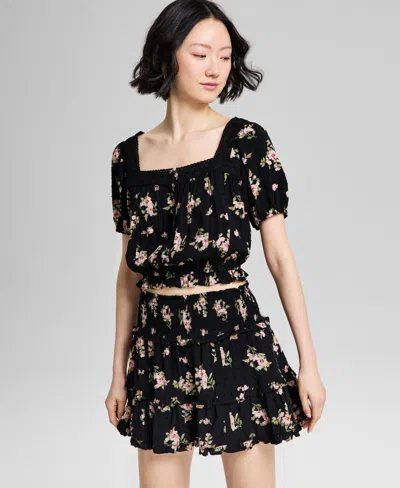 And Now This Women's Floral Print Button-front Blouse, Exclusively At Macy's In Black,peach Floral