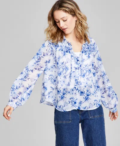 And Now This Women's Floral-print Button-front Ruffled Tie-neck Woven Blouse In Blue Floral