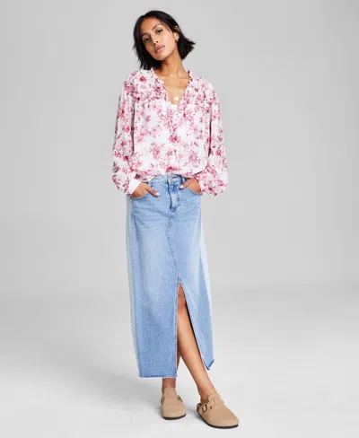 And Now This Women's Floral-print Button-front Ruffled Tie-neck Woven Blouse In Crimson Floral