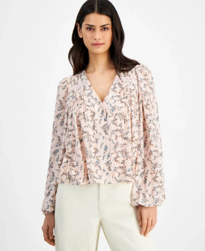 And Now This Women's Floral-print Pleated Lace-trim Blouse In Pink Lotus Floral