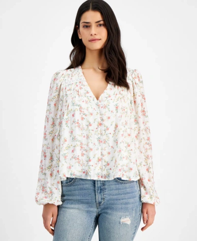 And Now This Women's Floral-print Pleated Lace-trim Blouse In White Floral