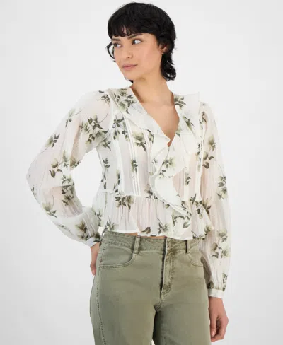 And Now This Women's Floral-print Ruffled Crinkle Top, Regualr & Petites, Exclusively At Macy's In Cream Ground