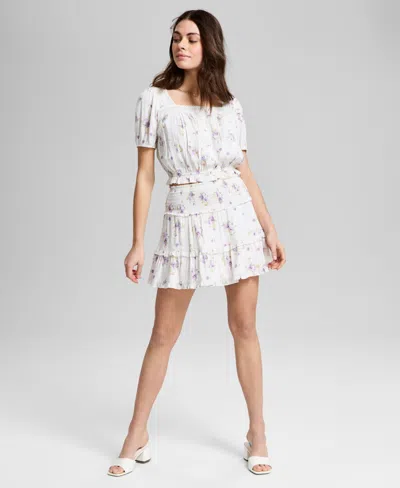And Now This Women's Floral Print Tiered Mini Skirt, Exclusively At Macy's In Cream,purple Floral
