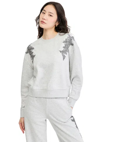 And Now This Women's French Terry Embellished Lace-applique Sweater, Macy's Exclusive In Gray