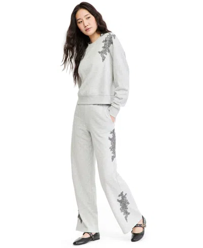 And Now This Women's French Terry Wide Leg Embellished High Rise Pants, Macy's Exclusive In Heather Gray