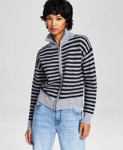 And Now This Womens Cardigan Ribbed Full Zip Sweater In 27va Black