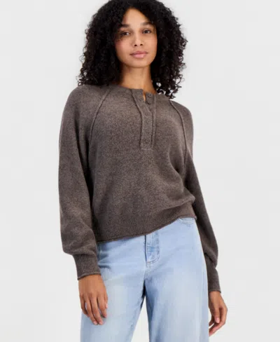 And Now This Women's Henley Long-sleeve Relaxed-fit Sweater, Macy's Exclusive In Frosted Mocha Heather