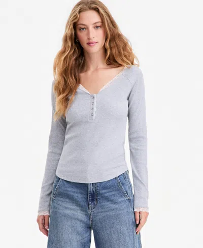 And Now This Women's Henley Long-sleeve V-neck Lace Trim Top, Macy's Exclusive In Lt Heather Gray