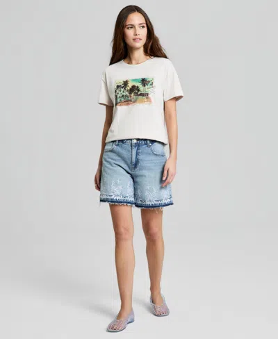 And Now This Women's High Rise Embroidered Denim Shorts, Macy's Exclusive In Brown