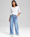 And Now This Women's High-rise Wide-leg Drawstring Denim Jeans, Regular & Petites, Exclusively At Macy's In Medium Wash