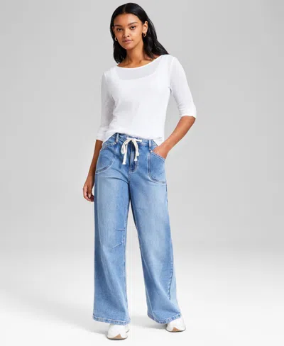 And Now This Women's High-rise Wide-leg Drawstring Denim Jeans, Regular & Petites, Exclusively At Macy's In Dream Team