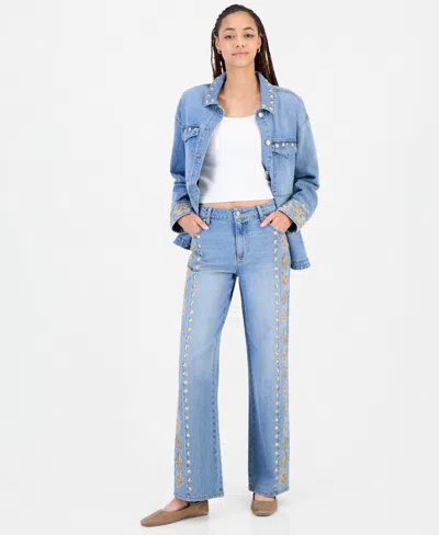 And Now This Women's High-rise Embroidered And Studded Wide-leg Jeans, Macy's Exclusive In Blue