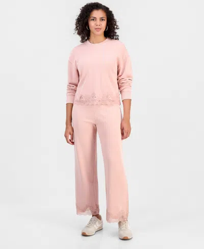 And Now This Women's High-rise Fleece Lace-trim Lounge Pants, Macy's Exclusive In Pink
