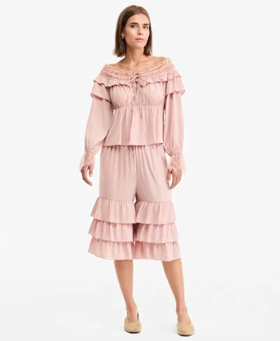 And Now This Women's High-rise Wide-leg Ruffle-bottom Culottes, Macy's Exclusive In Pink