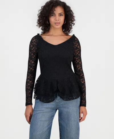 And Now This Women's Lace Peplum Long-sleeve Top, Macy's Exclusive In Black