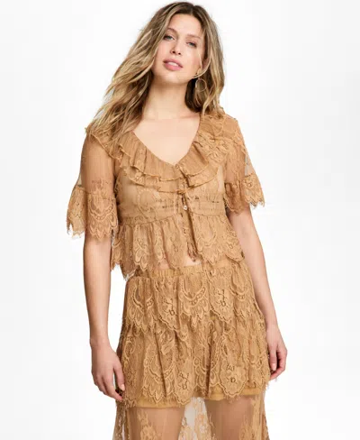And Now This Women's Lace Short-sleeve V-neck Ruffle Woven Top, Macy's Exclusive In Brown