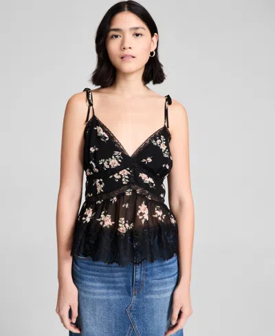 And Now This Women's Lace-trim Floral Print Sleeveless Top, Exclusively At Macy's In Black,peach Floral
