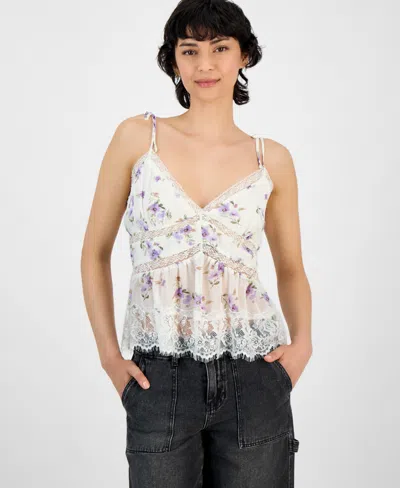 And Now This Women's Lace-trim Floral Print Sleeveless Top, Exclusively At Macy's In Cream,purple Floral