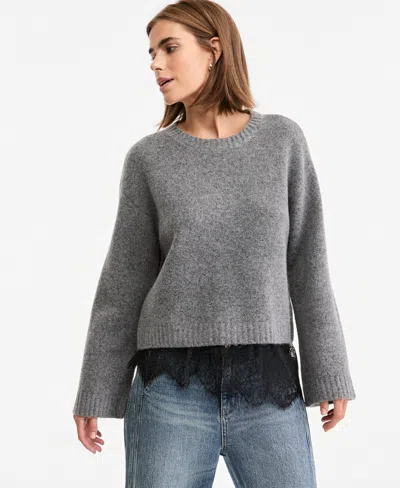 And Now This Women's Lace-trim Long-sleeve Crewneck Sweater, Macy's Exclusive In Gray