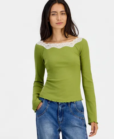 And Now This Women's Lace-trim Scoop-neck Long-sleeve Top, Macy's Exclusive In Aromatic Sage