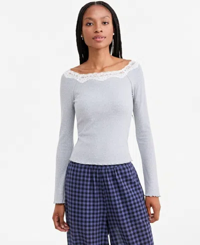 And Now This Women's Lace-trim Scoop-neck Long-sleeve Top, Macy's Exclusive In Lt Grey Heather