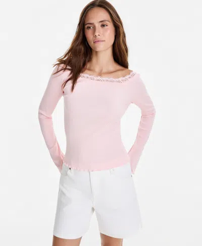 And Now This Women's Lace-trim Scoop-neck Long-sleeve Top, Macy's Exclusive In Pink