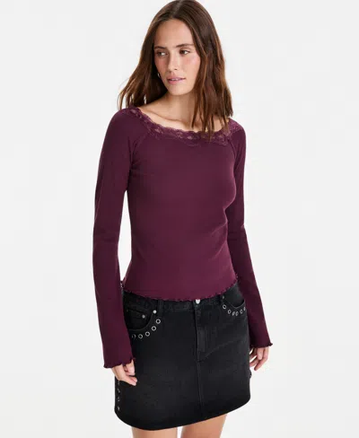 And Now This Women's Lace-trim Scoop-neck Long-sleeve Top, Macy's Exclusive In Winter Wine