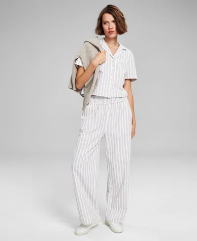 And Now This Women's Linen Blend Smocked-waist Pull-on Pants, Created For Macy's In Tan Stripe