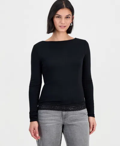 And Now This Women's Long-sleeve Boat-neck Lace-trim T-shirt, Macy's Exclusive In Black