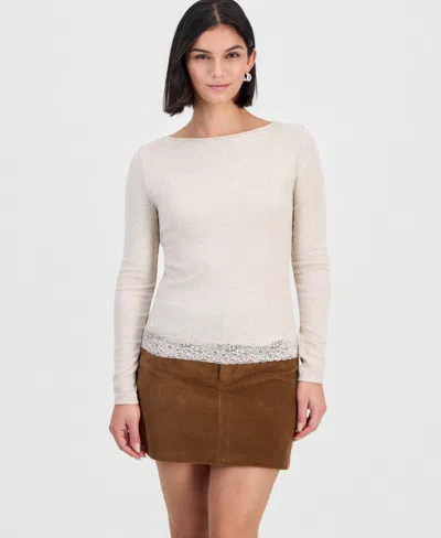 And Now This Women's Long-sleeve Boat-neck Lace-trim T-shirt, Macy's Exclusive In Neutral