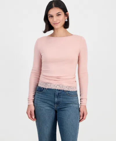 And Now This Women's Long-sleeve Boat-neck Lace-trim T-shirt, Macy's Exclusive In Pink