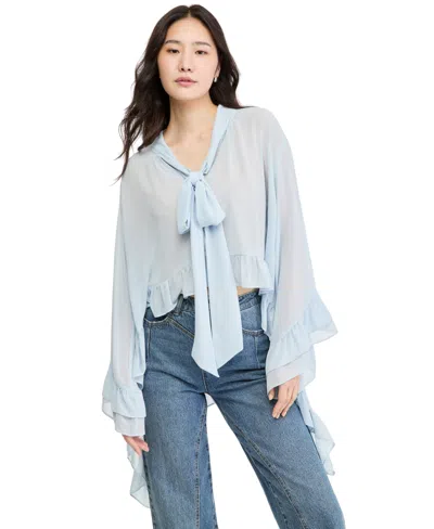 And Now This Women's Long-sleeve Sheer Tie-neck Blouse, Macy's Exclusive In Dusty Blue