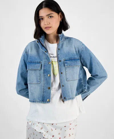 And Now This Women's Mock-neck Cropped Denim Jacket, Exclusively At Macy's In Medium Wash