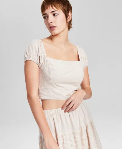 And Now This Women's Off-the-shoulder Striped Smocked-back Puff-sleeve Top, Exclusively At Macy's In Wheat Grain,white