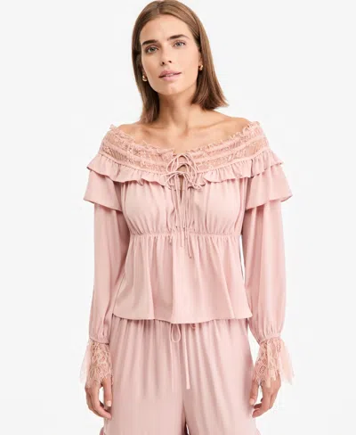 And Now This Women's Off-the-shoulder Long-sleeve Ruffle-trim Blouse, Macy's Exclusive In Pink