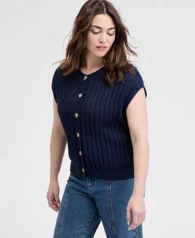 And Now This Women's Open-knit Button-front Cardigan Sweater, Regular & Petite, Exclusively At Macy's In Indigo Batik