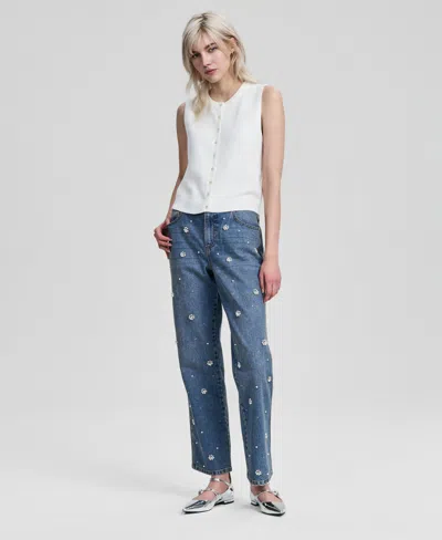 And Now This Women's Pearl-embellished Straight-leg Jeans, Macy's Exclusive In Black