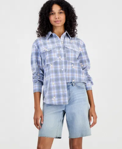 And Now This Women's Plaid Long-sleeve Cord-embroidered Button-up Shirt, Macy's Exclusive In Blue